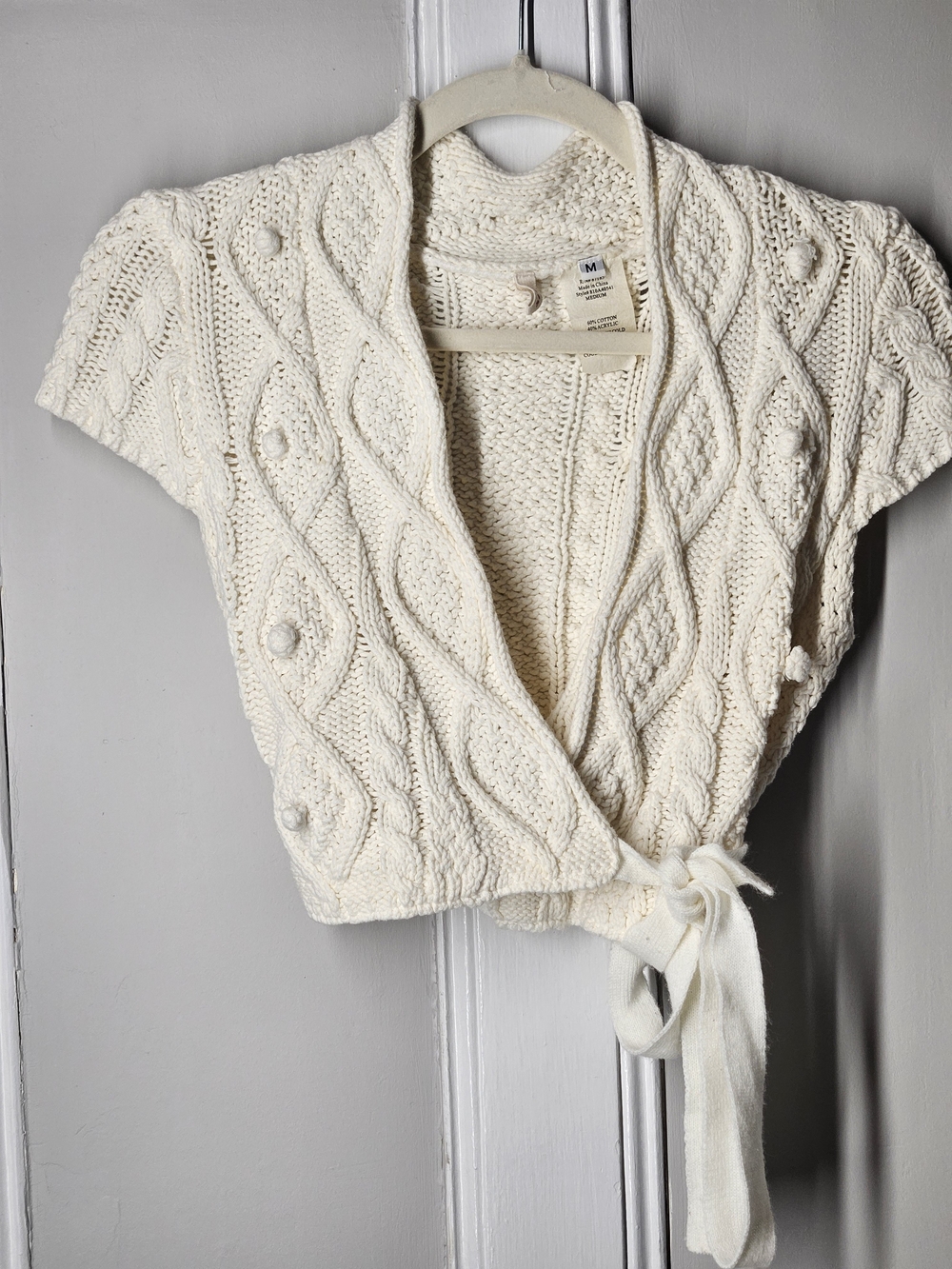 Cream Cable-Knit Short Sleeve Wrap Cardigan